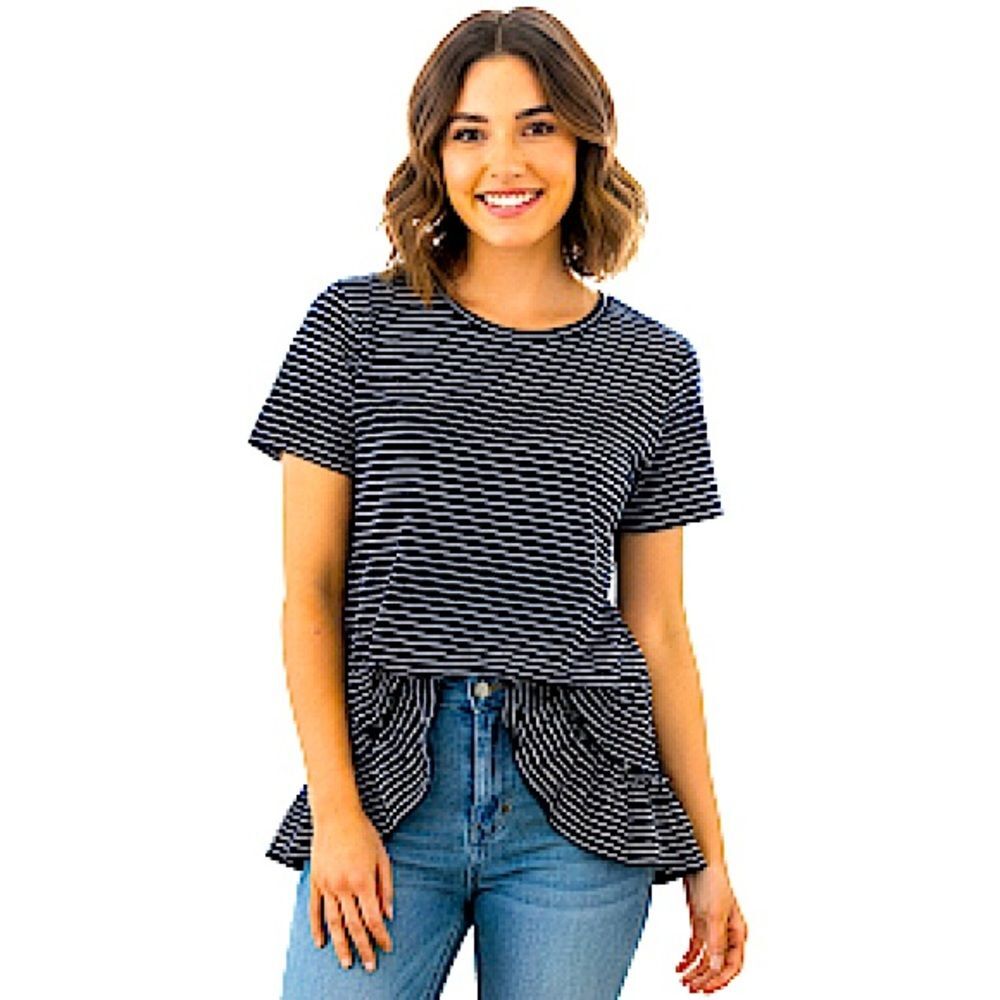 Banana Republic Limited Edition Black White Stripe Couture Tee Ruffle Hem Small